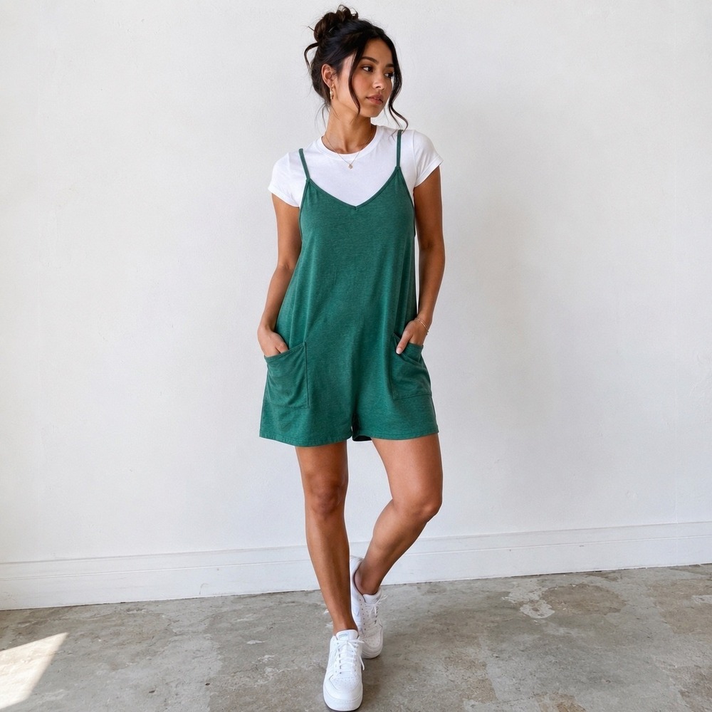 Green V Neck Pocket Romper Size L Adjustable Straps Stretch Lounge Playsuit